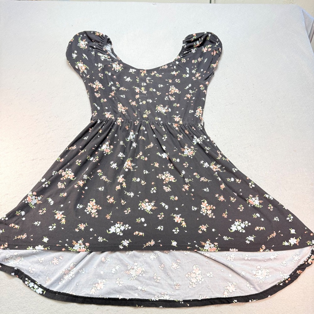 Black Floral Puff-Sleeve Fit & Flare Sundress – Casual Puff Sleeve Dress-L 11-13